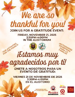 Gratitude Event flyer in both English and Spanish